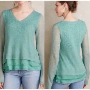 Anthropologie Knitted & Knotted Irina Sweater Medium Green Alpaca Sheer Hem Boho